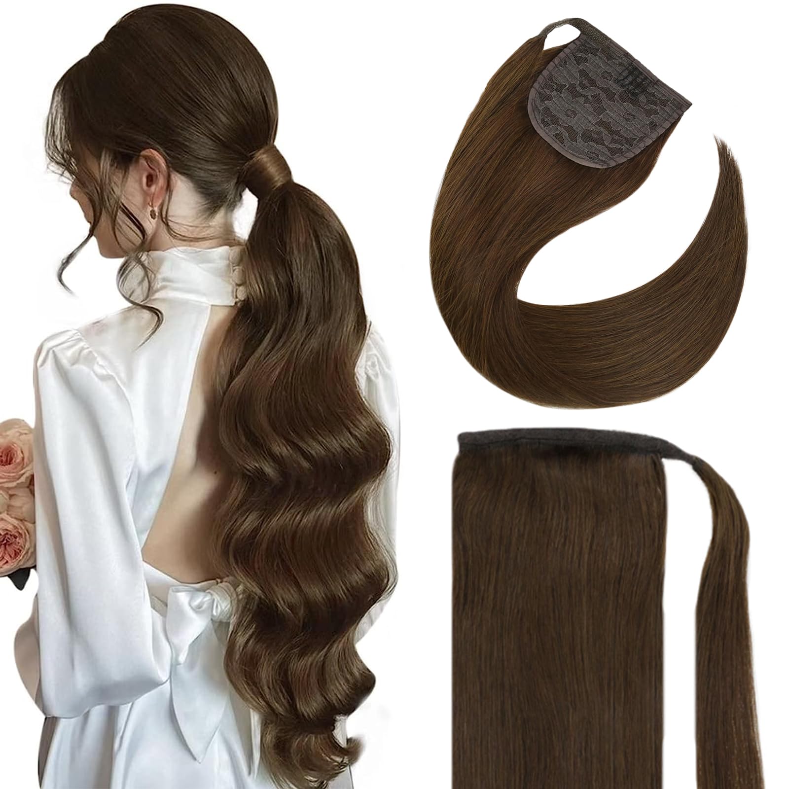 Fshine Extension Capelli Veri Coda Di Cavalli 35CM 70G Coda Pony Capelli Veri Extension Marrone Medio Coda Capelli Umani Veri Coda Capelli Extension Veri #4