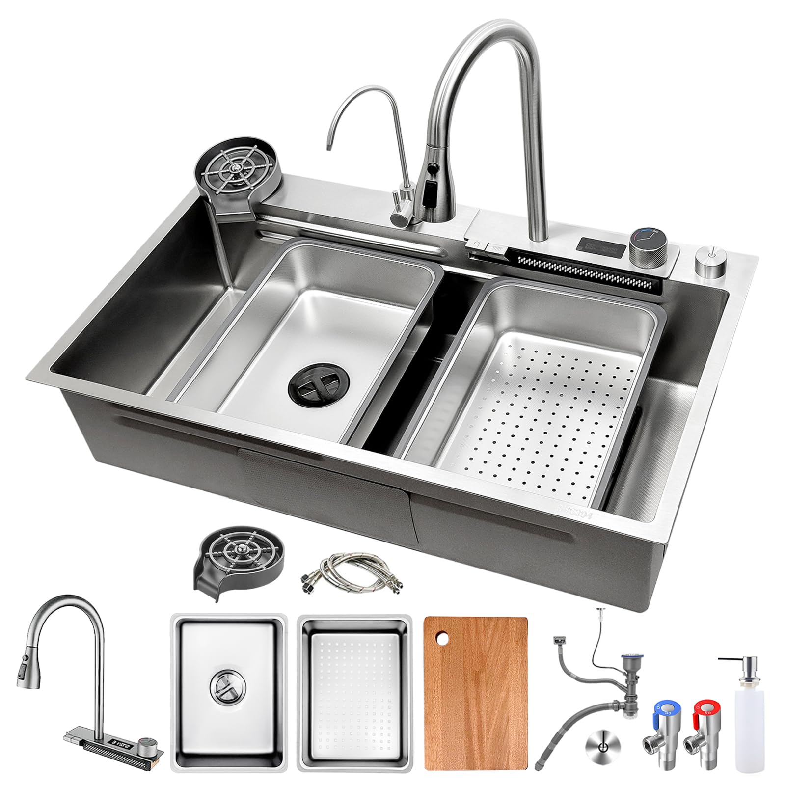 Fregadero de cocina plateado de 85 x 50 cm, acero inoxidable 304, cascada con grifo extensible, lavavajillas de cristal, tabla de cortar, sifón, tubo de drenaje, fregadero multifuncional, fregadero de