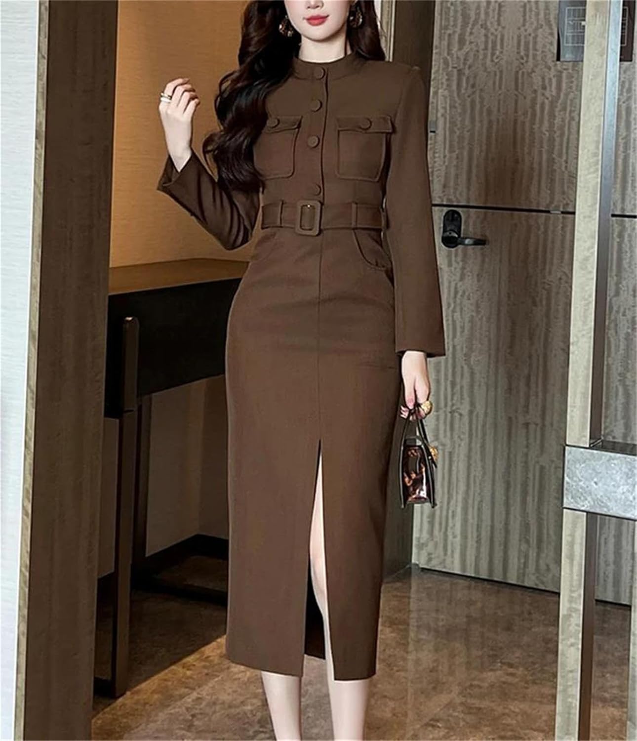 Women's Vintage Business Pencil Midi Dress Long Sleeve Slim Fit Belt Elegant Style Dresses for Formal Occasions