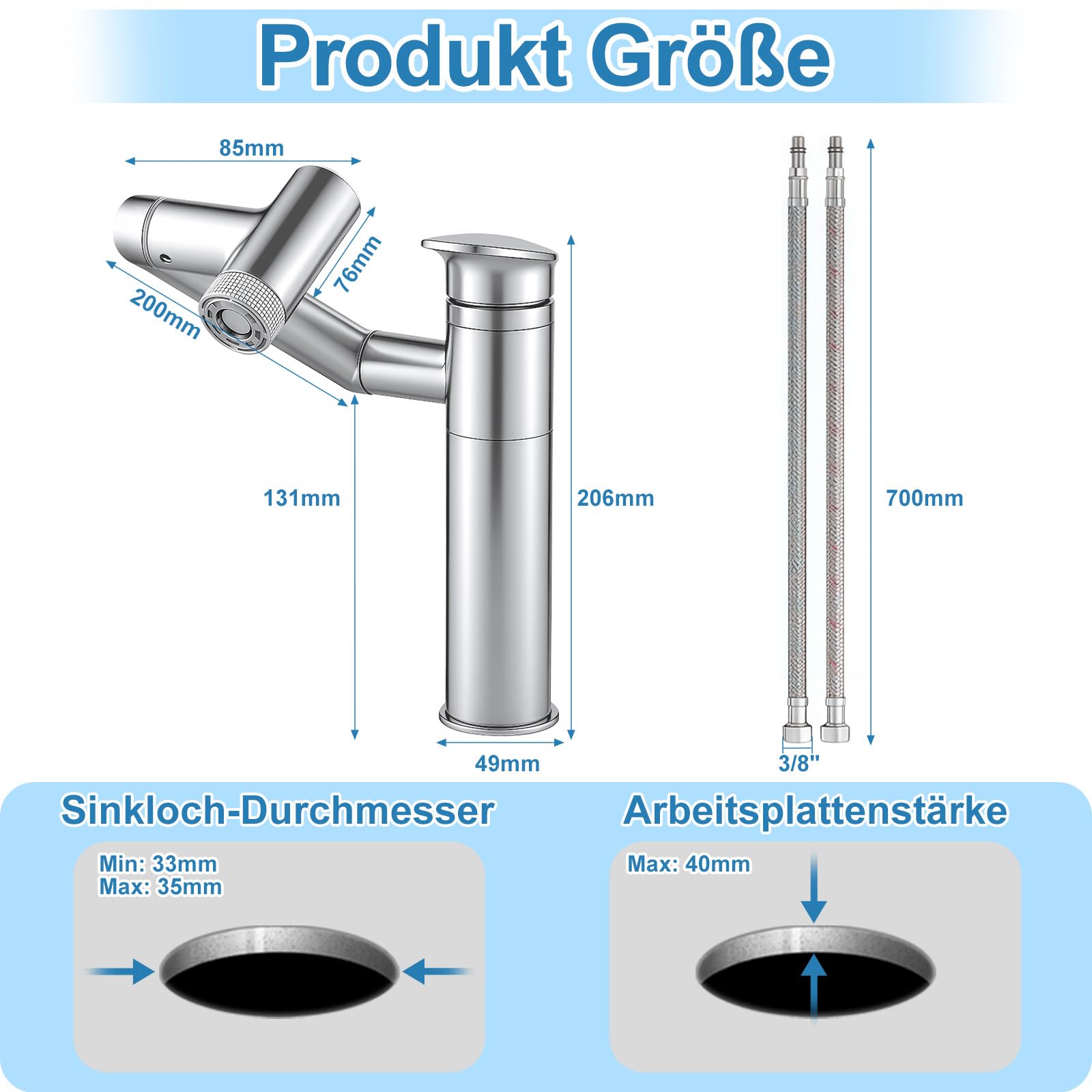 Wasserhahn Bad mit Temperaturanzeige(Batterielos), 1080° Drehbar Einhebelmischer Waschbecken, Höhenverstellbare Badezimmer Wasserhahn, Waschtischarmatur Hoch