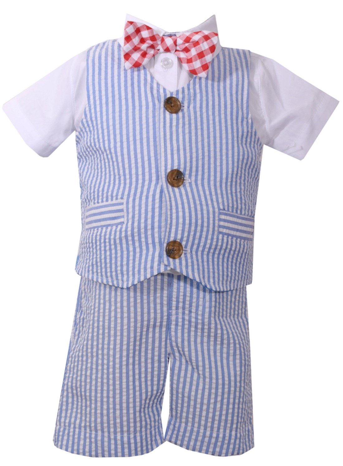 Bonnie Jean Boys 4-Piece Seersucker Suits Set with Shirt, Short, Bow Tie, and Vest (Blue, 18 Months)