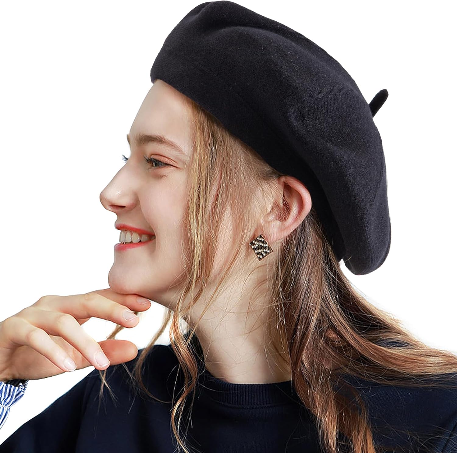 LADYBRO 2 Layers French Beret Hats for Women, Wool Soft Warm Cable Knit Beanie Cap