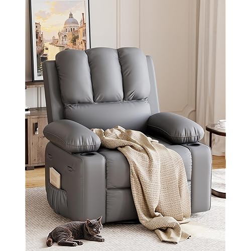 Garvee Oversized Recliner Chair, Manual Recliner for Adults, Faux PU Leather Chair with 1.5X Sponge Filling, for Nursery, Living Room, Bedroom, Grey