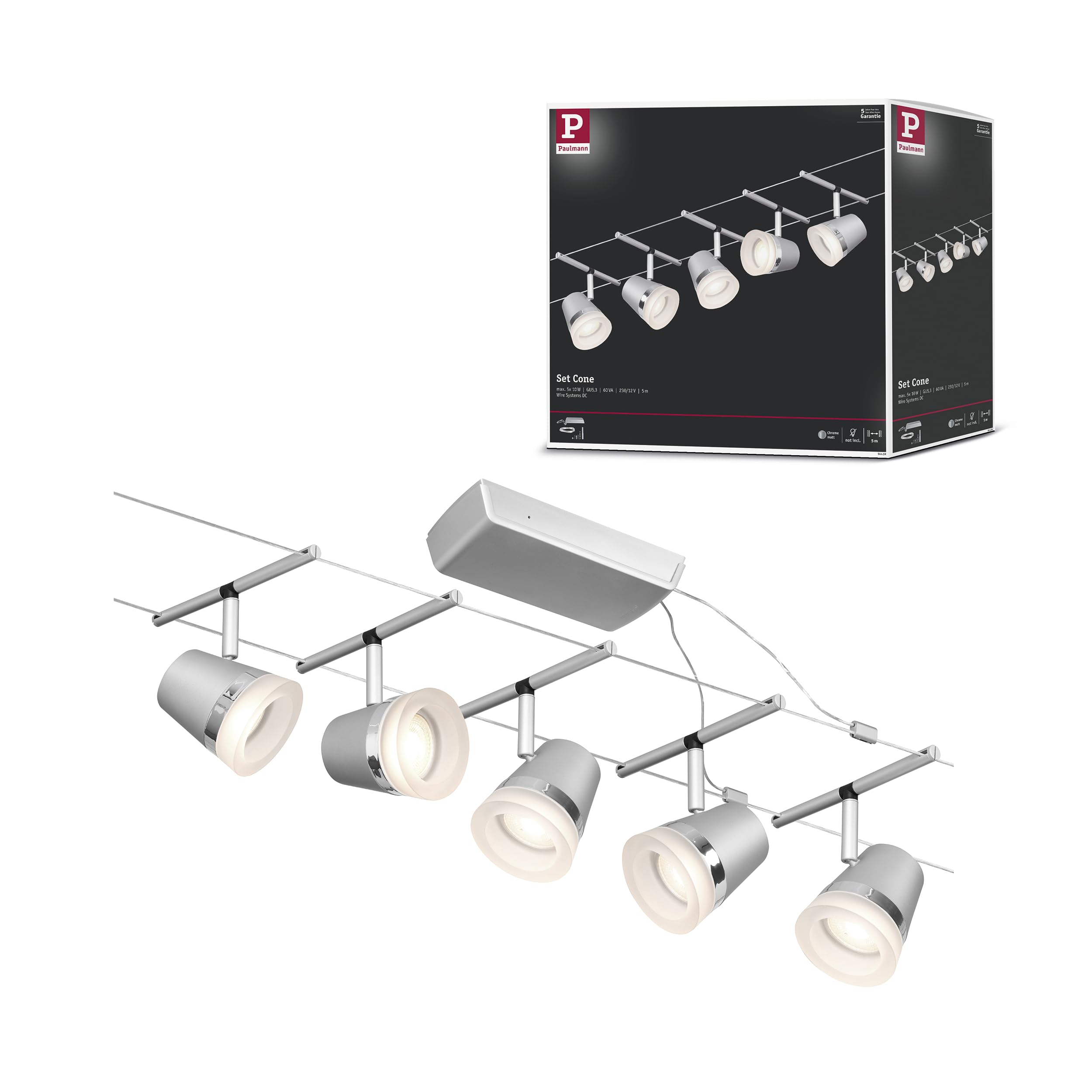 Paulmann 94459 CorDuo Set de base Système de Câbles Cone DC 5 x 10 watts max, Éclairage Extensible Chrome Mat Câble Matière Plastique GU5,3 Système de Câbles sans Ampoules