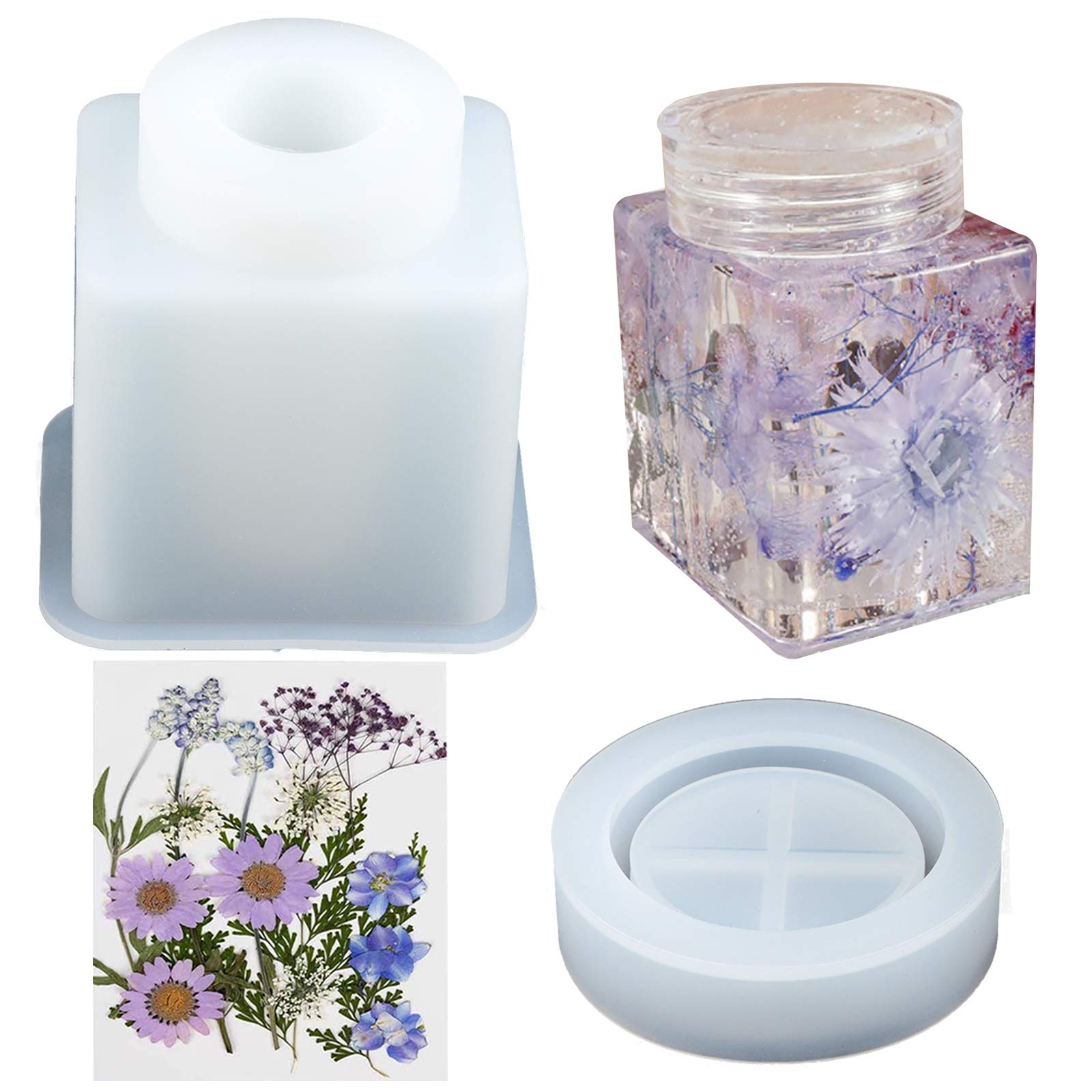 Box Resin Molds and Dried Pressed Flowers Set, Storage Box Container Resin Mold with 1 Pack Purple Natural Dried Flowers for DIY Jewelry Container Decorative Resin Crafts (White - Cuboid B)