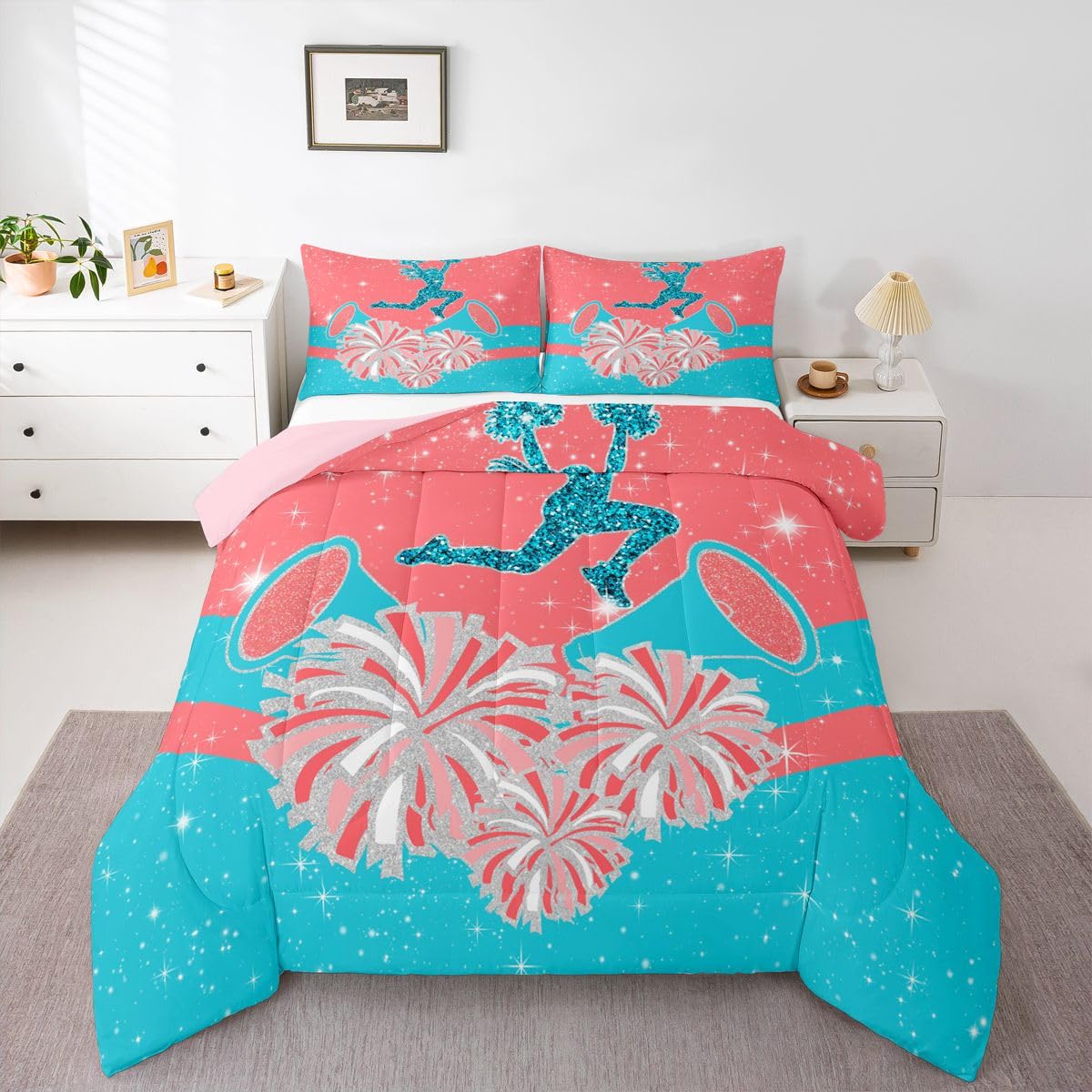 Castle Fairy Cheerleader Bedding Sets Full Size,Cheerleading Glitter Pink Blue Reversible Down Comforter Breathable Polyester Quilt Set,Girly Cheerleading Dance Duvet Insert,2 Pillowcases