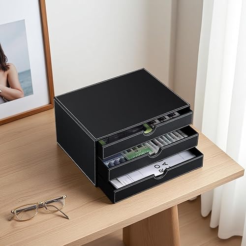 Miniatura 4 de KINGFOM Caja organizadora grande de 3 capas y 3 cajones con estructura de madera triple y cuero de 13 x 25 pulgadas (marrón)