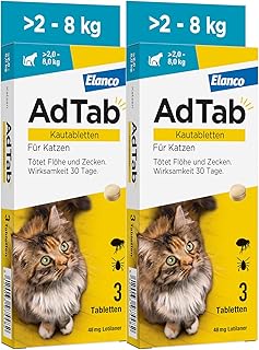 AdTab Katze 2-8 kg, Doppelpack: 6 Monate Floh- & Zeckenschutz, 6 Kautabletten mit Vanille-Hefe-Aroma, einfache zu verabreichen, wirkt schnell