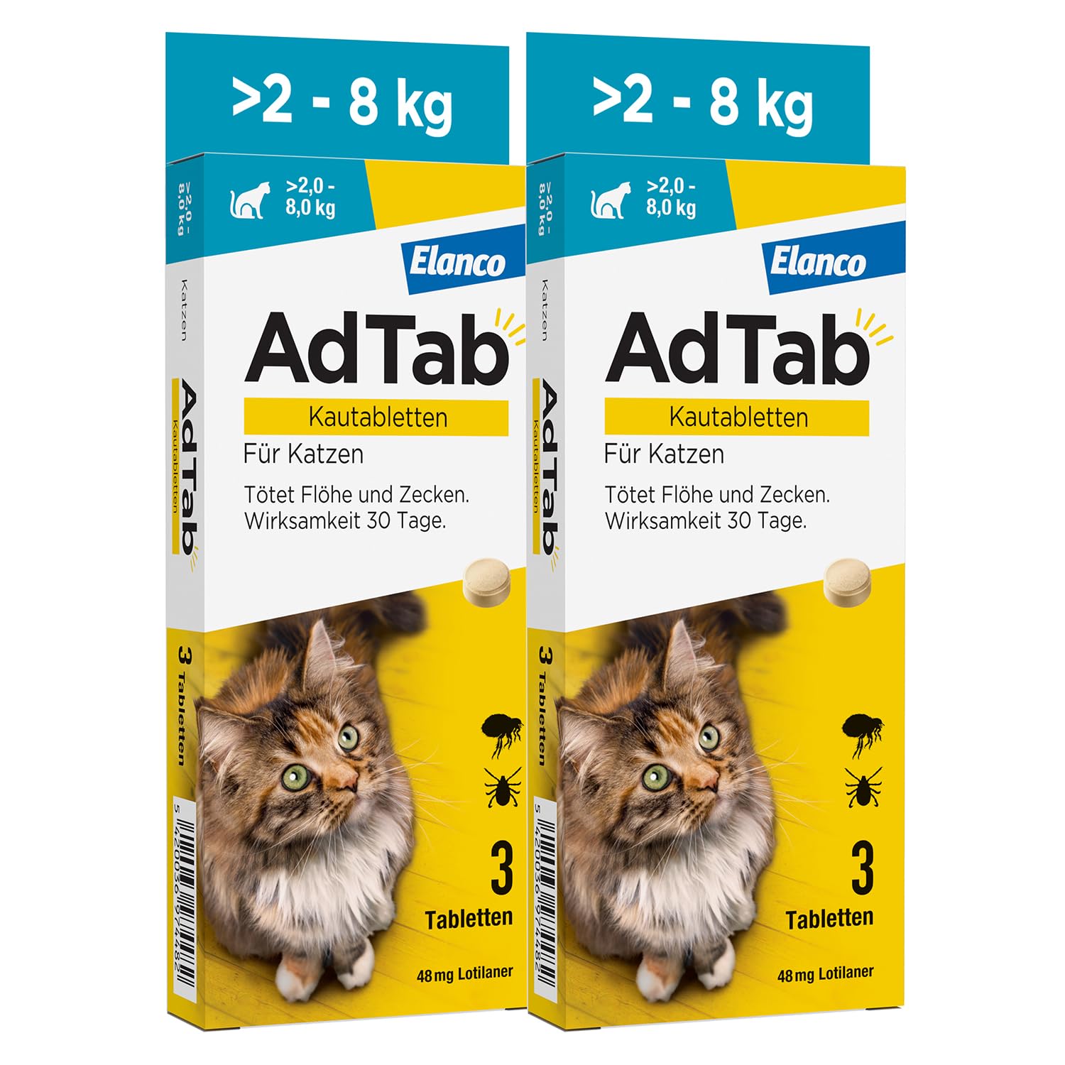 AdTab Katze 2-8 kg - Kautablette gegen Flöhe & Zecken, Doppelpack (6 St.) | Kleine, leckere Kautablette mit Vanille-Hefe-Aroma, 6 Monate Zeckenschutz und Flohschutz für deine Katze, schnelle Wirkung