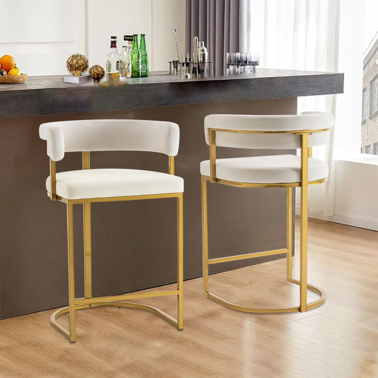 height bar stools set of 2 for kitchen counter, 26" bar chairs with back, modern height island barstools, upholstered breakfast stools for dining room, cafe, kitchen island, comfy, ivory