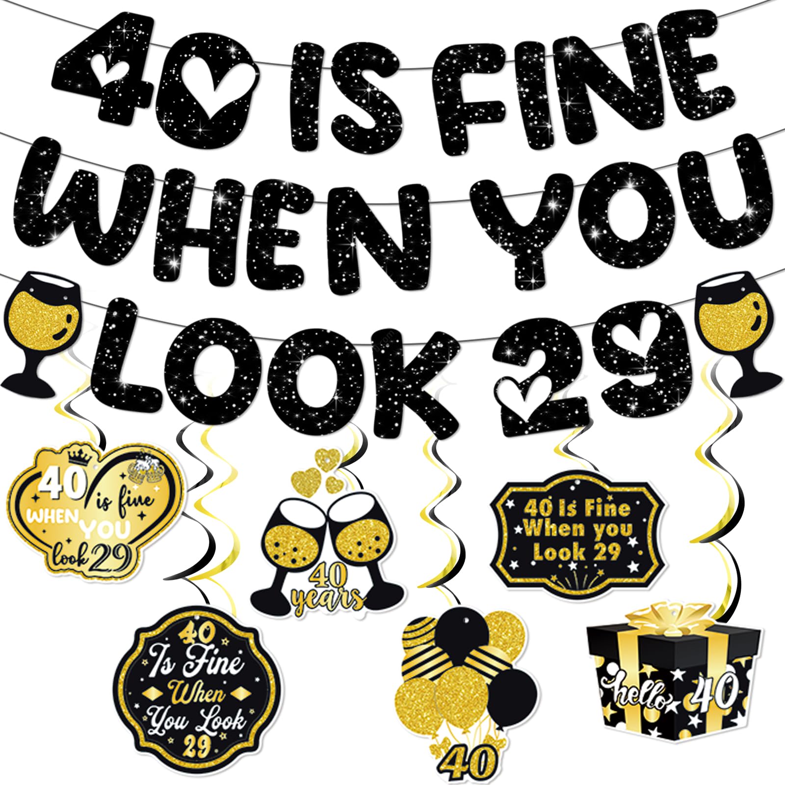 40th Birthday Banner 40th Birthday Decorations for Women Men 40 Is Fine When You Look 29 Banner Hanging Swirls for 40 Years Old Birthday Party