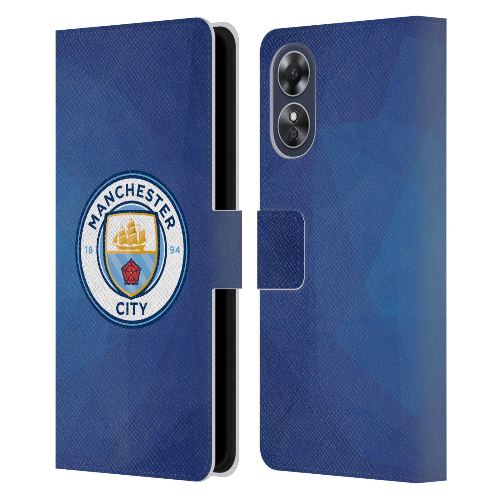 Head Case Designs Officially Licensed Manchester City Man City FC Obsidian Full Colour Badge Geometric Leather Wallet Case Compatible With Oppo A17