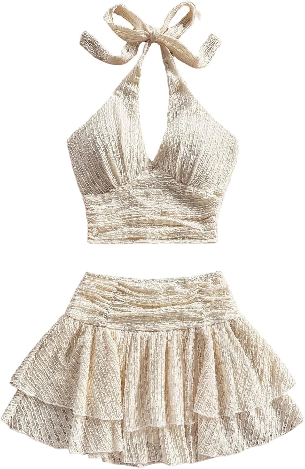 SOLY HUX Women's 2 Piece Beach Vacation Outfits Summer Ruched Halter Crop Top and Ruffle Mini Skirt Set
