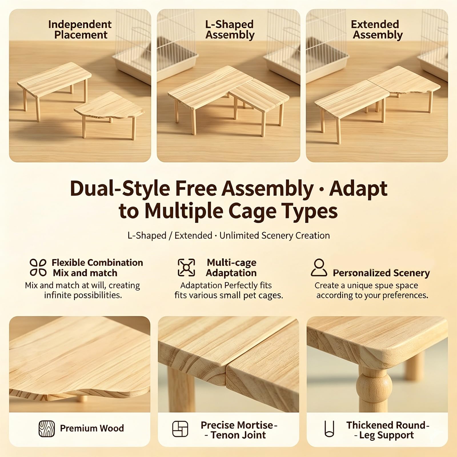 Piattaforma per criceti in legno naturale e gioco con nascondigli a tunnel per piccoli animali domestici, criceti, gabbia accessorio per piccoli animali domestici, scala in legno