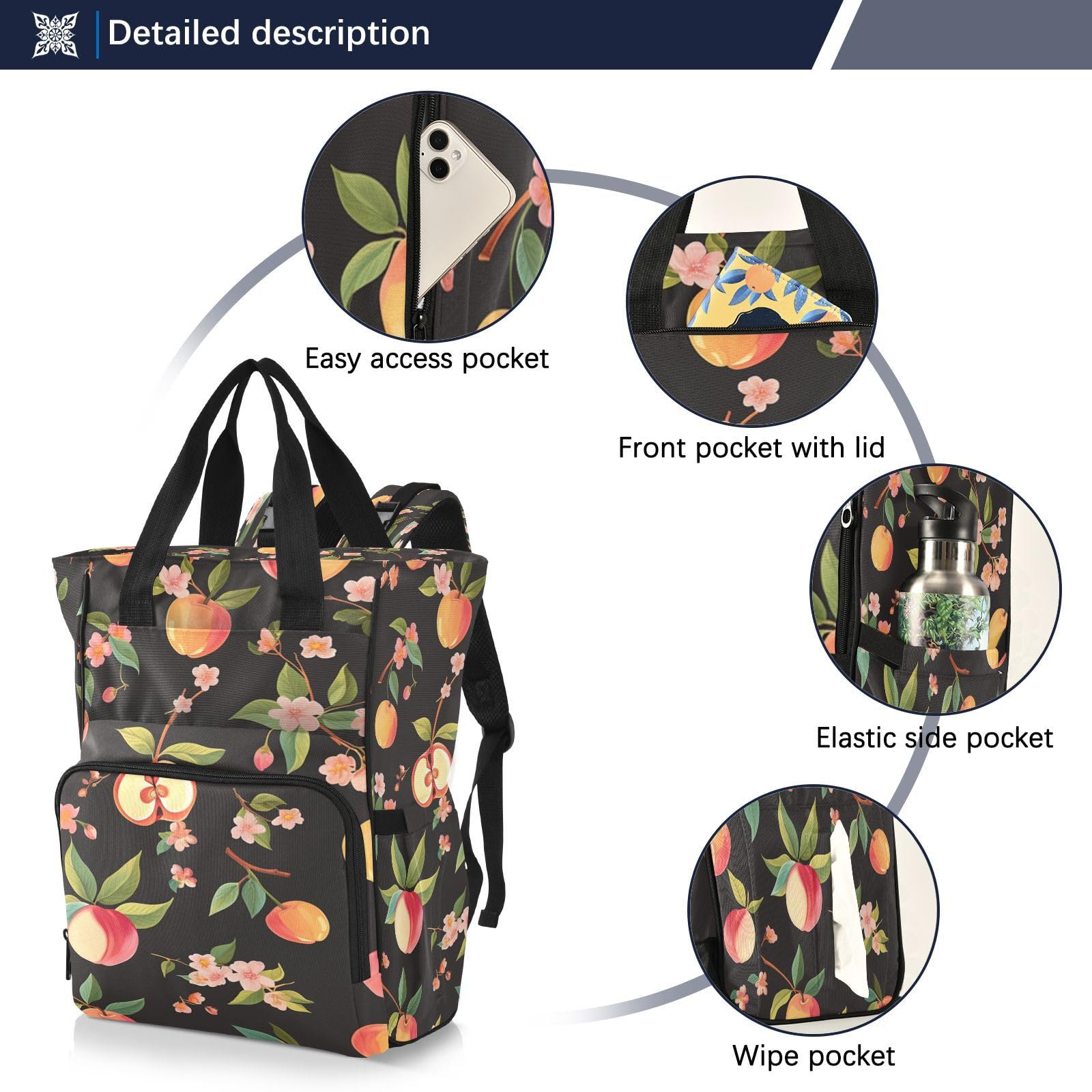 Flores De MelocotóN Negro Mochilas de Pañales para Gran Capacidad Pañal Bolso Mochila para Viajar al Aire Libre Mamá y Papá