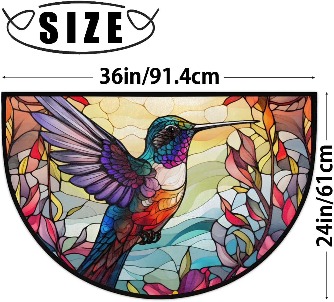 cfpolar Half Round Door Mat Glass Painting Hummingbird Non-Slip Semi Circle Area Rug Washable Semi Circle Floor Rug for Indoor Outdoor Living Room Bathroom Kitchen Patio Hearth Rugs Home Decoration