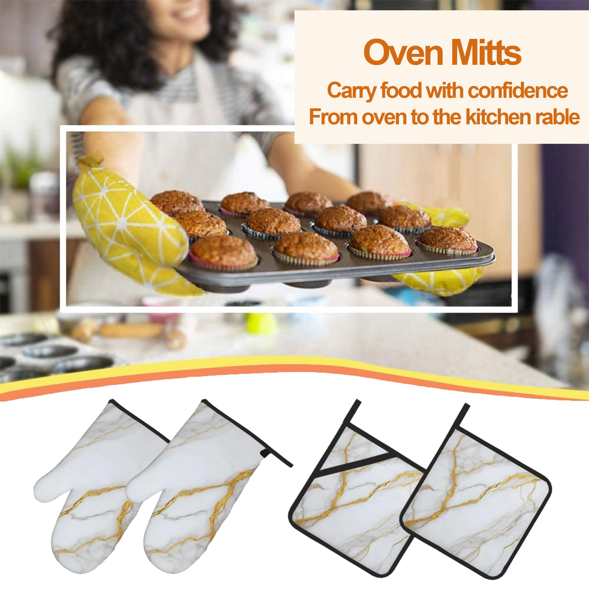 Ofenhandschuhe und Topflappen, Weißgold, Marmor, Küchenhandschuhe, Topflappen, 4er-Set, hitzebeständiger Griff für Koch, Kochen, Backen, Grillen, Grillen