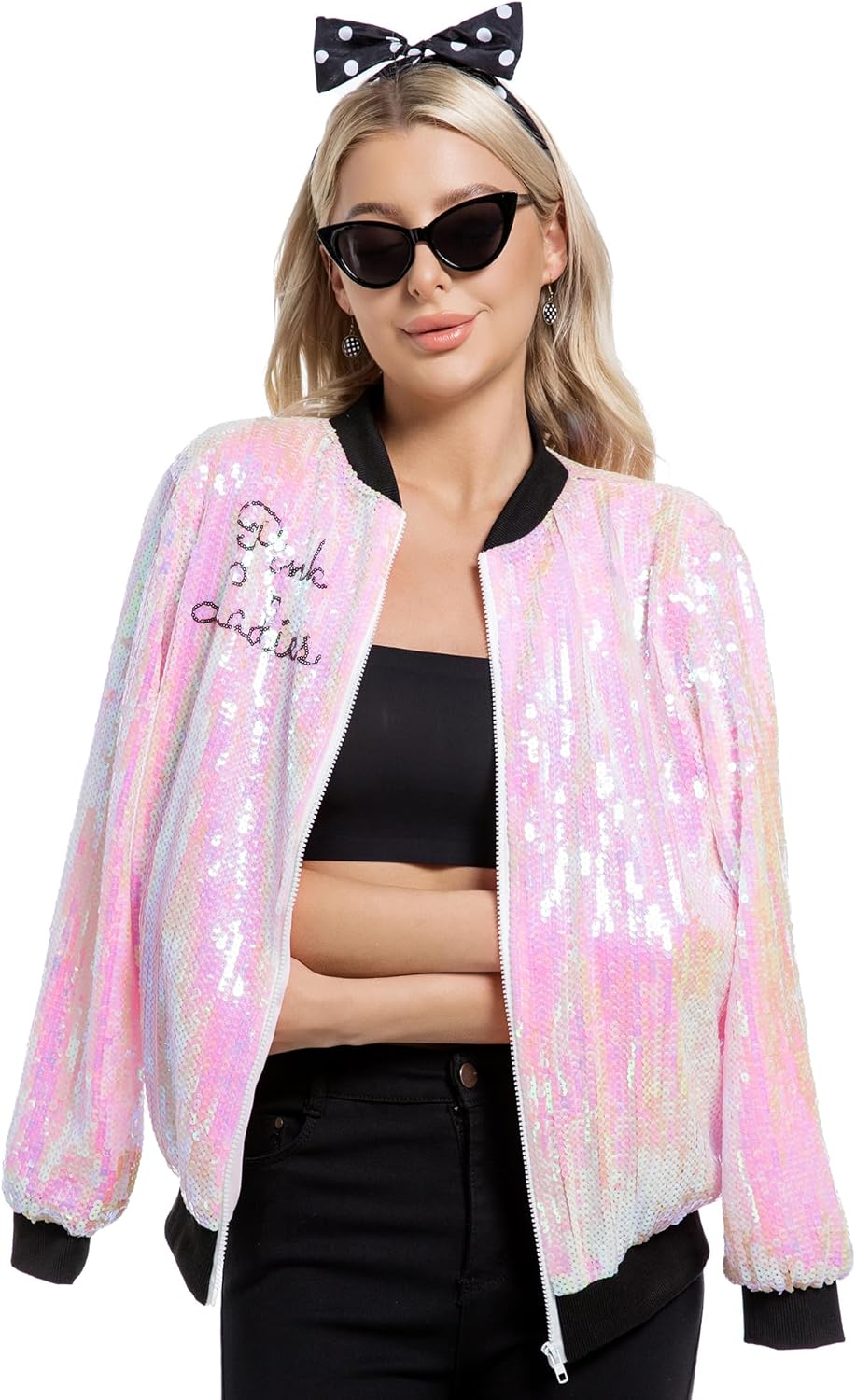 MISI CHAO 50s Ladys Pink Sequin Jacket Glittery Halloween Cosplay Costume Pink Jacket Long Sleeves Sparkling Coat for Party