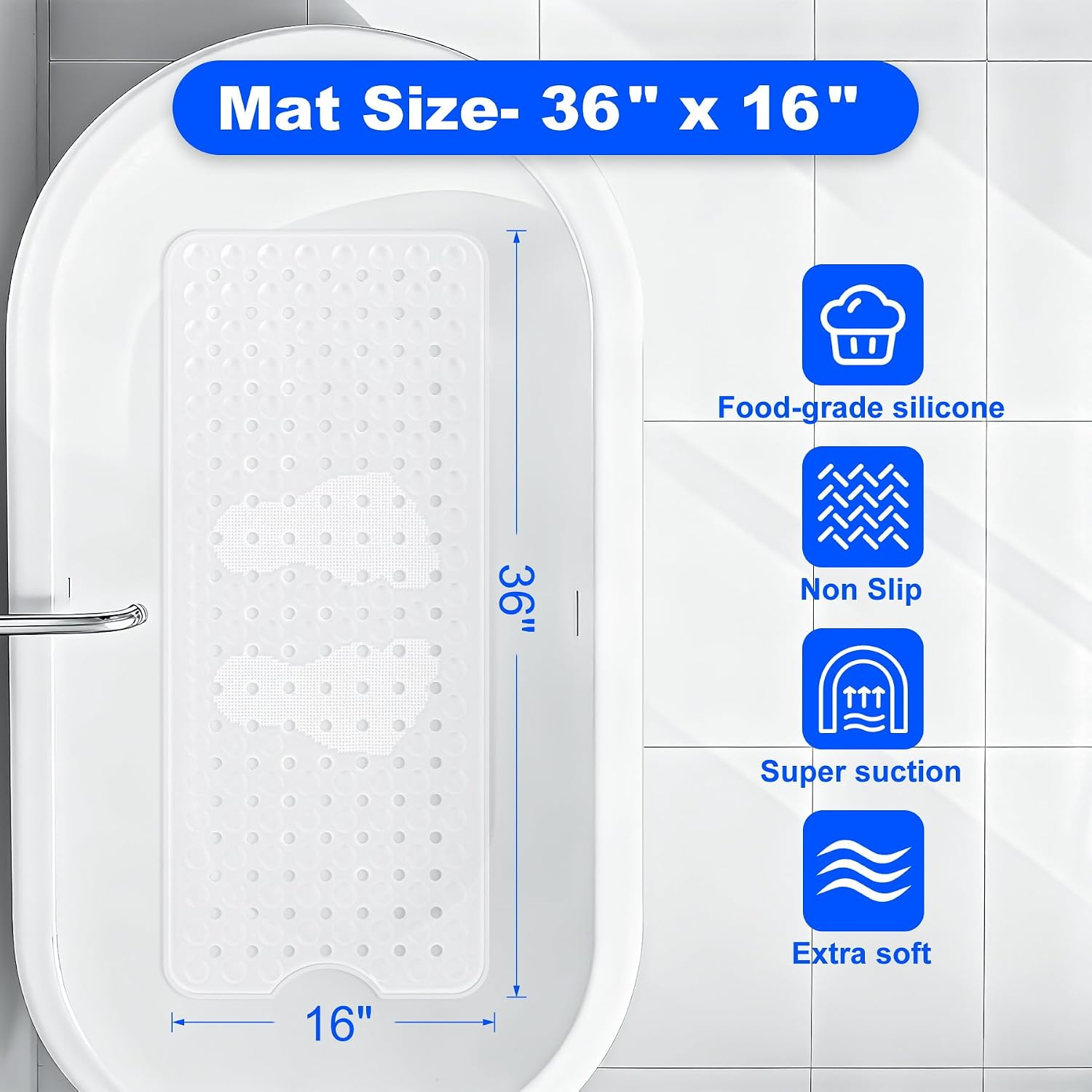 Silicone Bath Tub Mat Non Slip, 36"x16" Shower Foot Scrubber Mat with Drain Holes and Suction Cups, Upgraded Bathtub and Shower Mats, Machine Washable Bathtub Floor Liner Mats for Bathroom (Clear)