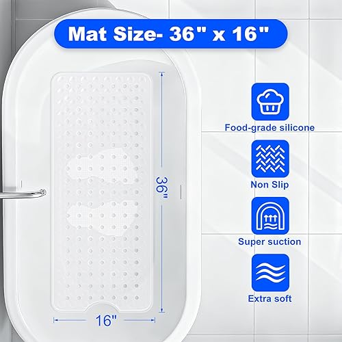 Miniatura 2 de Tapete de silicona antideslizante para bañera de 36 x 16 pulgadas, con orificios de drenaje y ventosas, tapetes mejorados para bañera y ducha,