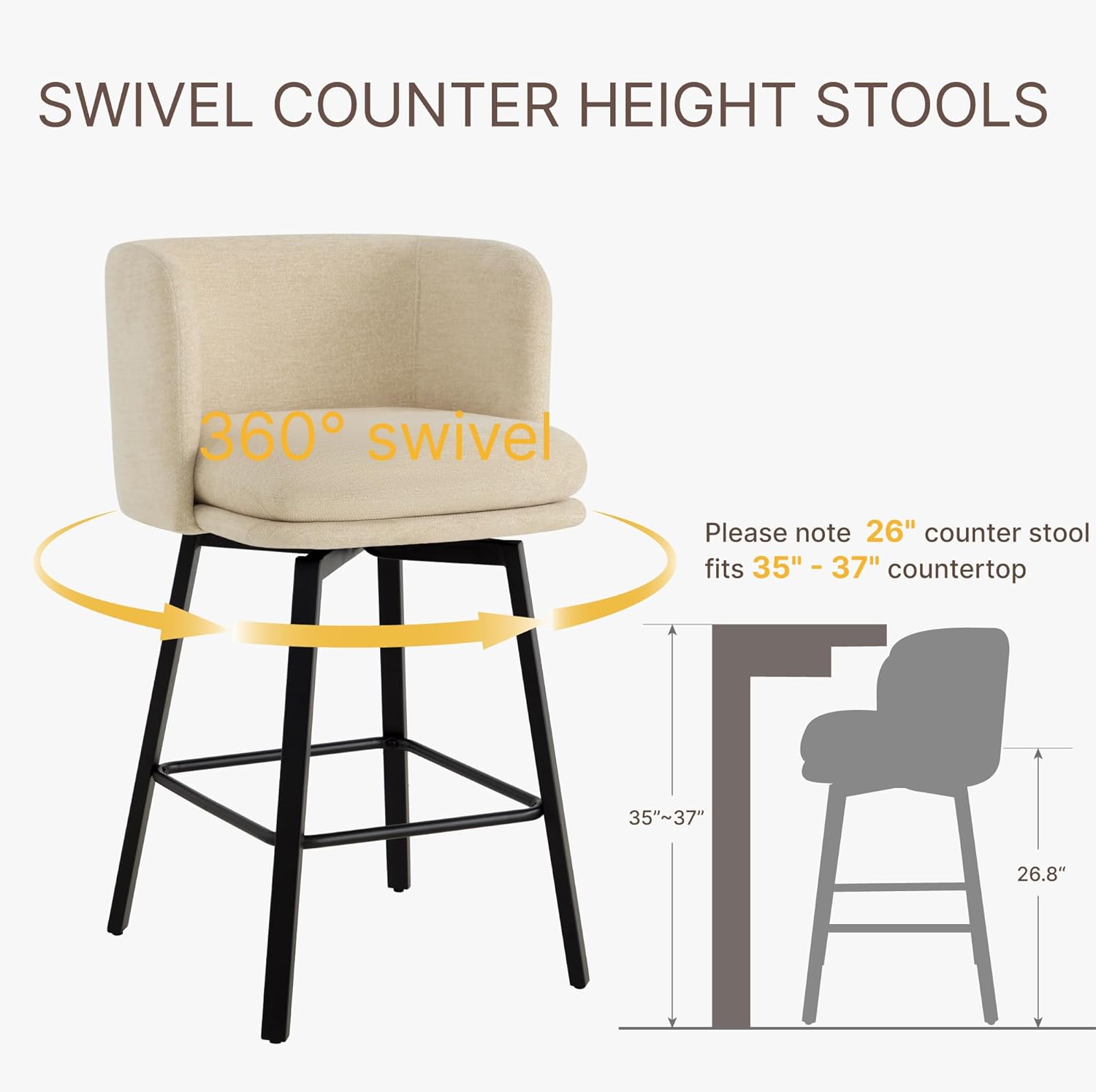 26" H Counter Height Swivel Bar Stools Set of 4, Barrel Counter Stools with Backrest, Linen Fabric Upholstered Barstools with Metal Legs for Kitchen Island,Sand