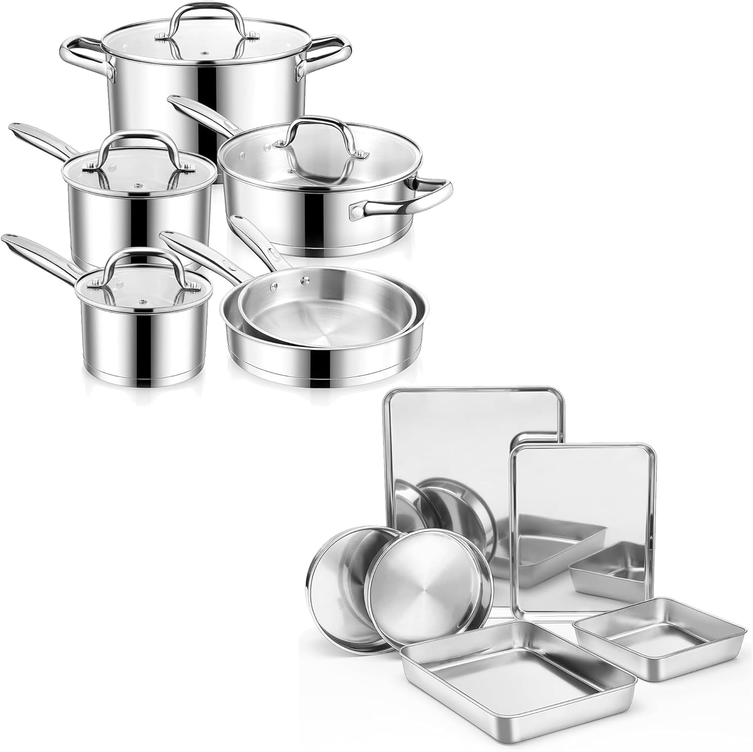 E-far 10-Piece Stainless Steel Cookware Set and Stainless Steel Baking Pan Set Bundle, Induction Pots and Pans Set with Tri-Ply Base, 6-Piece Metal Bakeware Sets Include Cookie Sheet, Dishwasher Safe
