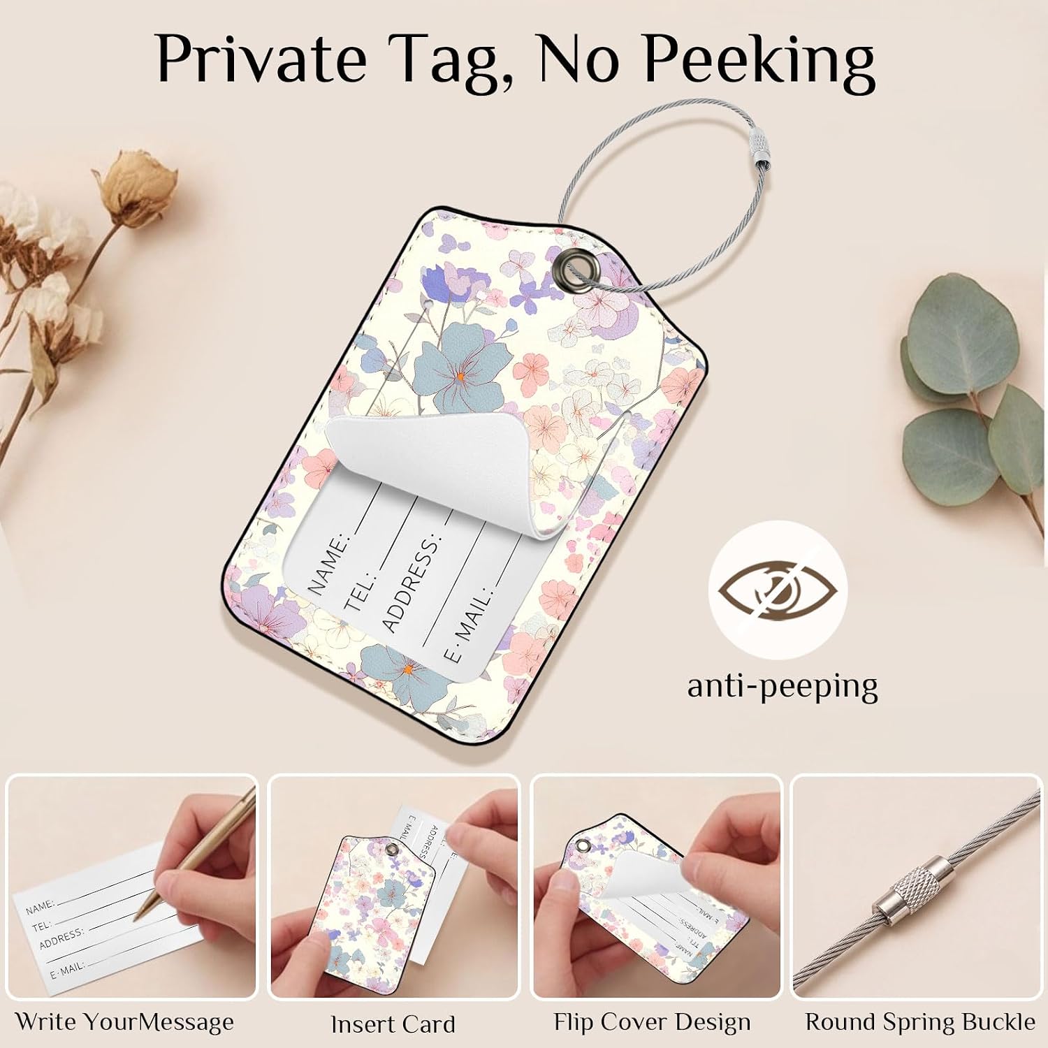 2 PCS Luggage Travel Tags for Suitcases,Cute PU Leather Name Tag with Privacy Cover&ID Label Address Card&Durable Metal Ring Suitable for Men Women Handbags Backpack, Purple Flower image 4
