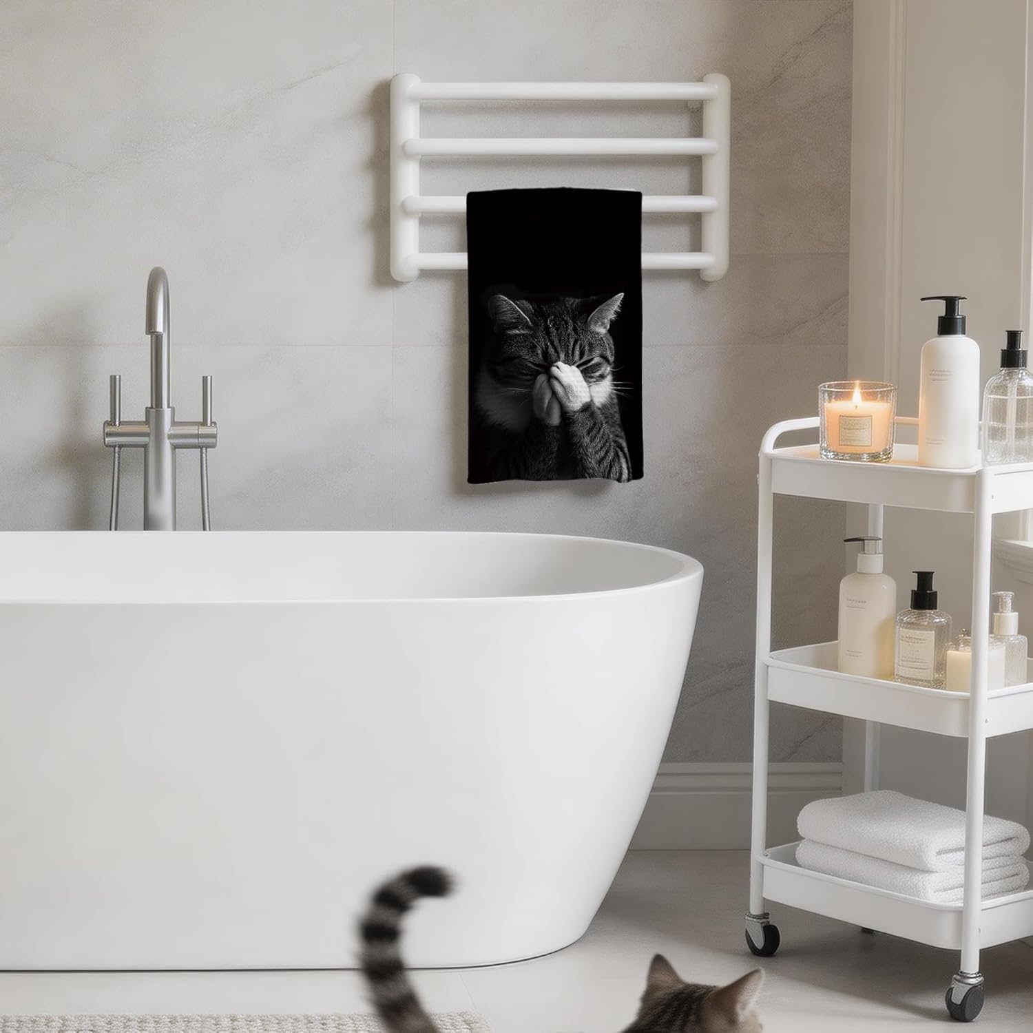 Funny Tabby Cat Bathroom Hand Towels, Cat Bathroom Decor, Cats Lover Owner Gifts, Black and White Cute Animal Decorative Hand Towels for Bath Room Washroom, 16x24 Inch Set of 4