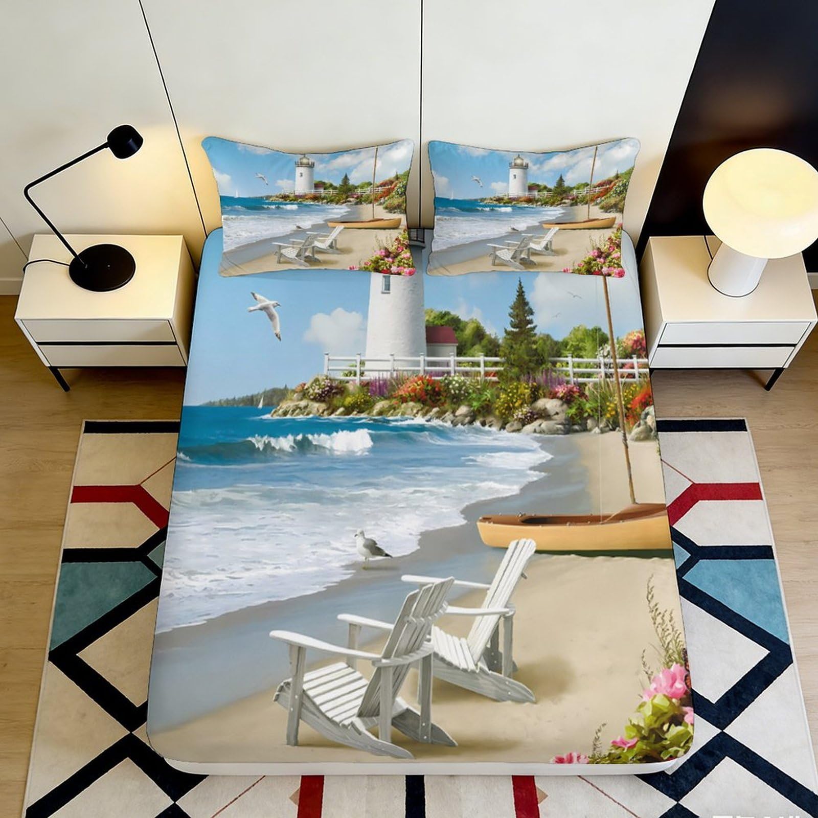 3D Printed Coastal Lighthouse Fitted Sheet Microfiber Seaside Beach Mattress Cover Bedroom Decor Anti-Slip 140x200x25cm