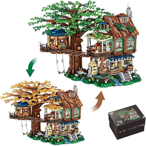 Juego de juguetes modelo de mini ladrillos de casa de árbol, bloques de construcción de casas forestales, juegos de vista de calle, mini bloques