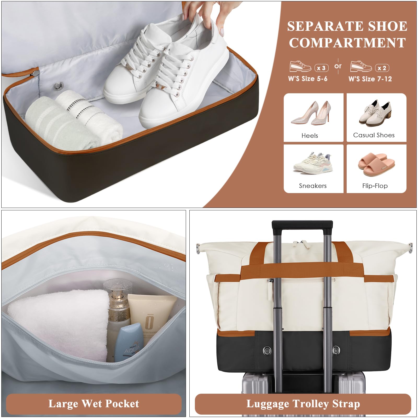 Gym Bag for Women, 45L Carry On Travel Duffel Bag with Shoes Compartment view 4