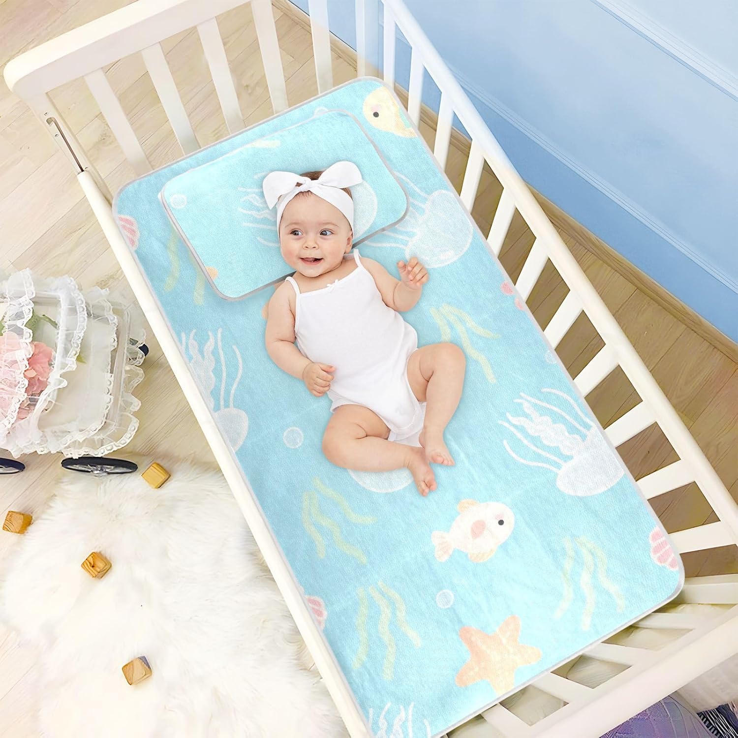 Cute Cartoon White Jellyfish Fish Cooling Baby Mattress pad Waterproof 28" x 52" Ultra Soft Mattress Pads for Baby&Toddler