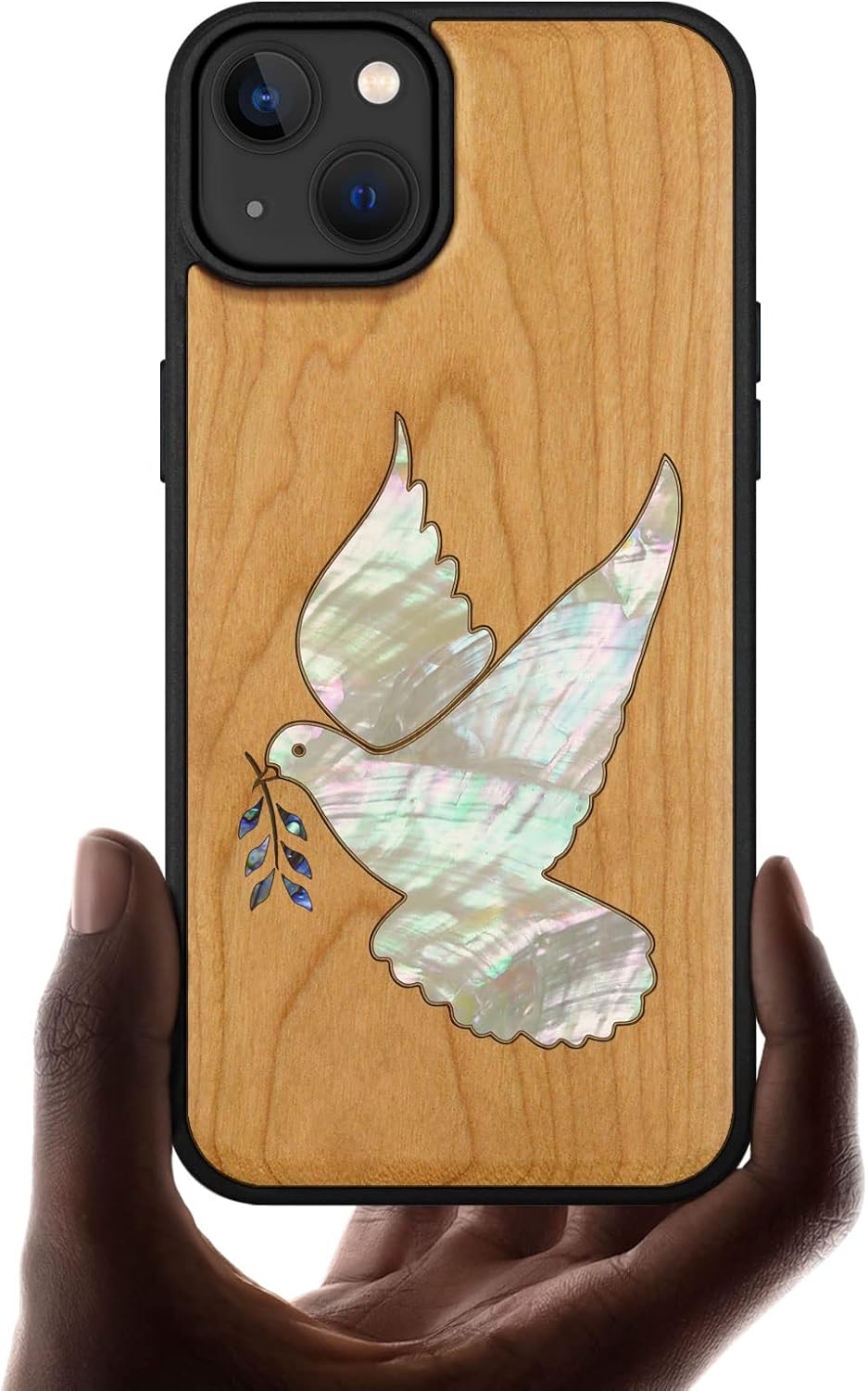 Carveit Designer Wooden Protective Magnetic Case for iPhone 14 Plus Case [Wood Engraving & Shell Inlay] Compatible with 14 Plus MagSafe (White-Dove-Cherry)