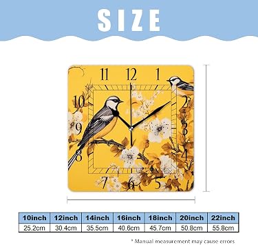 Decorative Wall Clock 10 Inch Silent Square Clocks for Home Living Room Kitchen,Birds and Flowers on A Yellow Background Design
