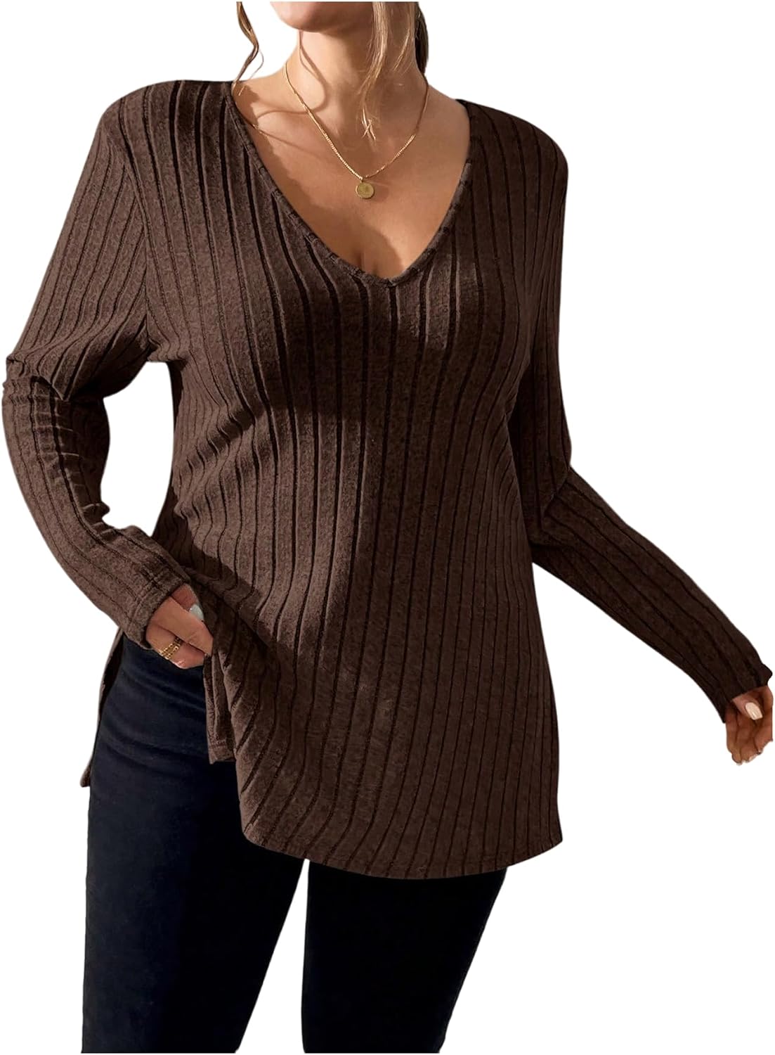 SHENHE Women's Plus Size Long Sleeve Tops Split Hem V Neck Ribbed Knit Tunic Tops Tshirts