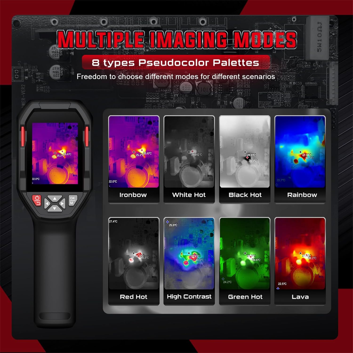 Thermal imager displaying various color palettes like Ironbow, White Hot, Rainbow