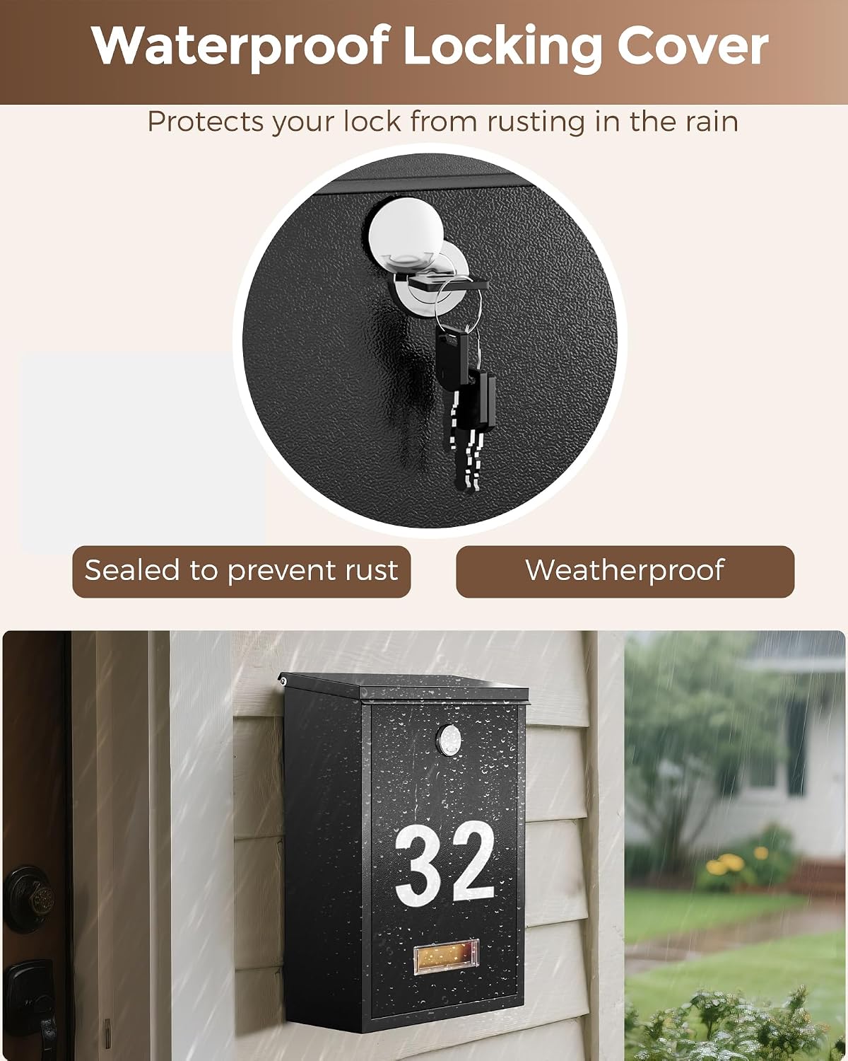 LAND·VOI Locking Wall-Mount Mailbox for Outside, with 4 Keys, Galvanized Steel Rustproof Metal Postbox, 3.1" Dx7.5 Wx10.8 H, Includes 3 Sets of Mailbox Numbers, Nameplate, Black, AMB32B