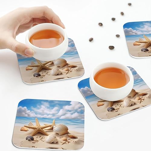 Miniatura 7 de Juego de 6 posavasos de cuero con estrellas de mar y conchas marinas de playa de verano para mesa de centro para inauguración de la casa, cocina,