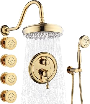 Enga Antique Shower Faucet Sets 8 inch Rainfall Head with Body Jets Handheld Spray Fixtures Combo, Brass 3 Way Diverter Rough in Valve Trim Kit, Bright Gold