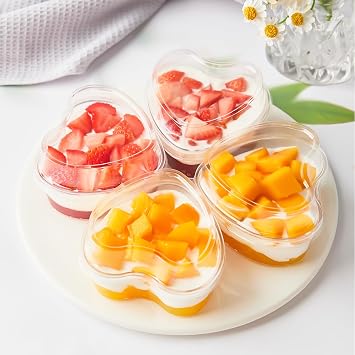 50 Pack 5 oz Heart Shaped Dessert Cups with Lids and Spoons, 50 Pack Mini Dessert Shooter Cups Cute Plastic Parfait Cups for Party Wedding Serving Cheesecake Mousse Pudding, Q097