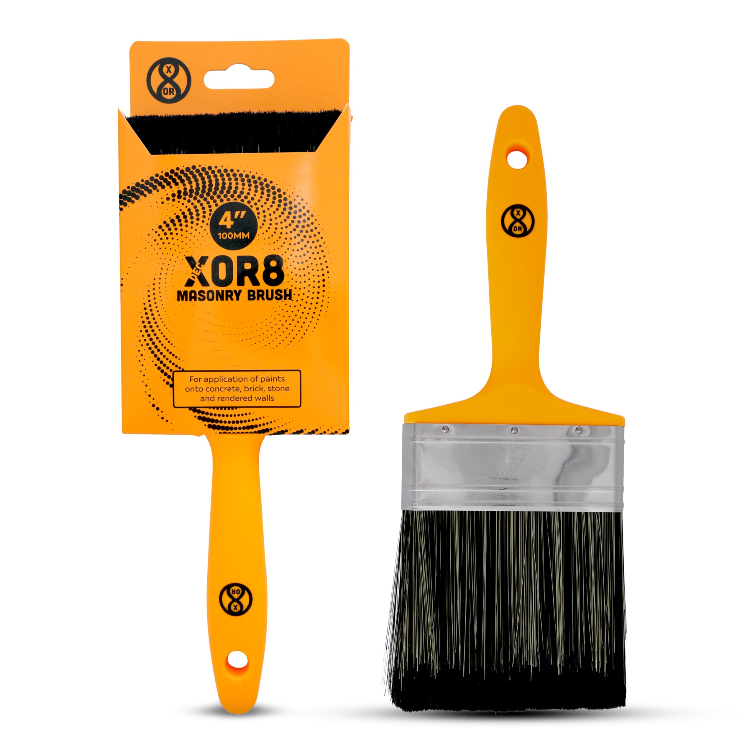 Xor8 Masonry Paint Brush 4" (100mm), Heavy-Duty Paint & Limewash Brush with High-Capacity Bristles, Corrosion-Resistant Ferrule & Ergonomic Grip, Ideal for Brick, Concrete, Stone & Rough Surfaces