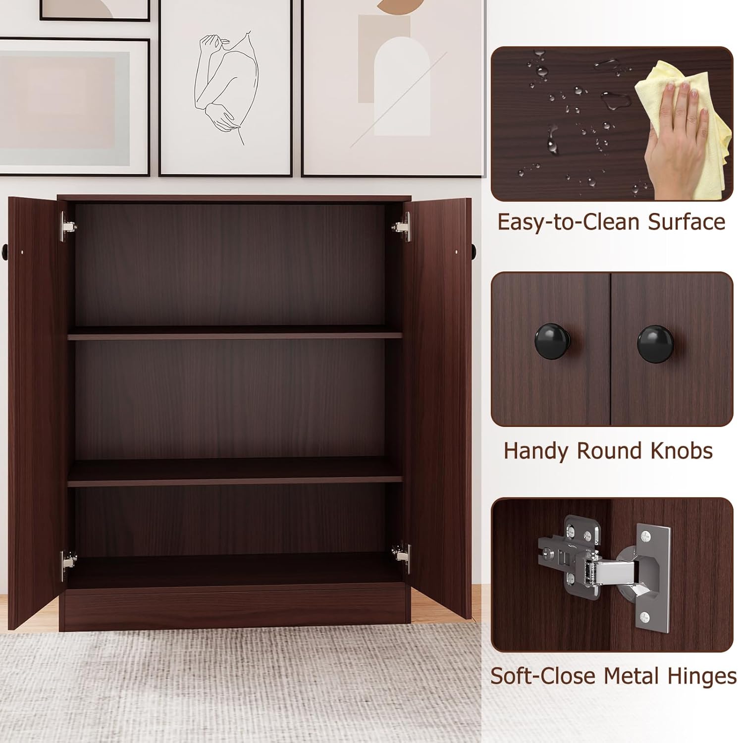 Storage Cabinet with Doors, Kitchen Cabinets with 3-Tier Shelves, Wood Sideboard Buffet, Freestanding Entryway Cabinet, Modern Floor Cabinet for Hallway, Living Room, Dining Room (Brown)