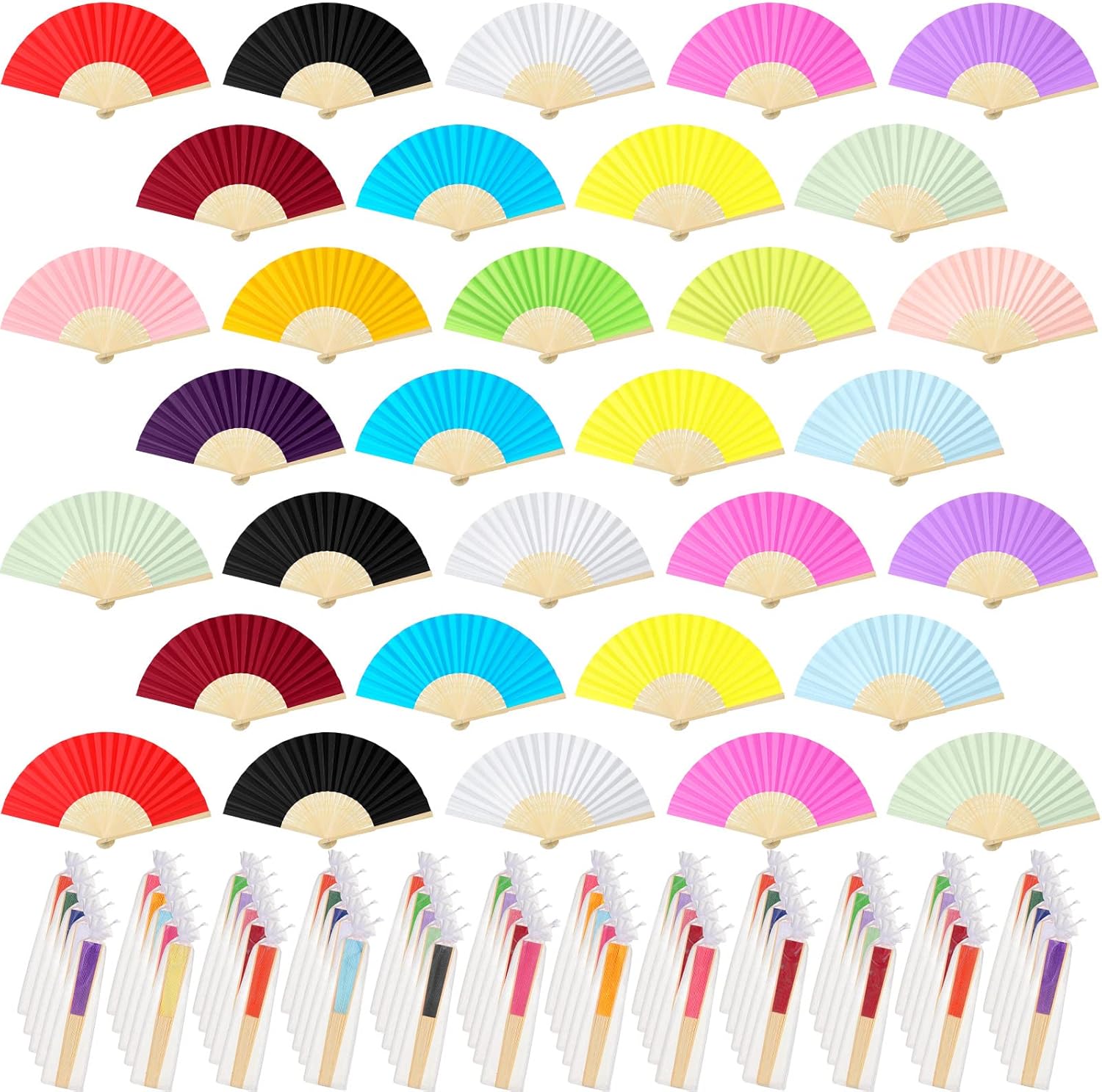 Chunful 100 Pieces Paper Hand Fan Multicolor Bamboo Folding Fans Handheld Chinese Decorative with Organza Bags for Wedding Bridal Church Dancing Home Craft DIY Decoration Party Favors Summer