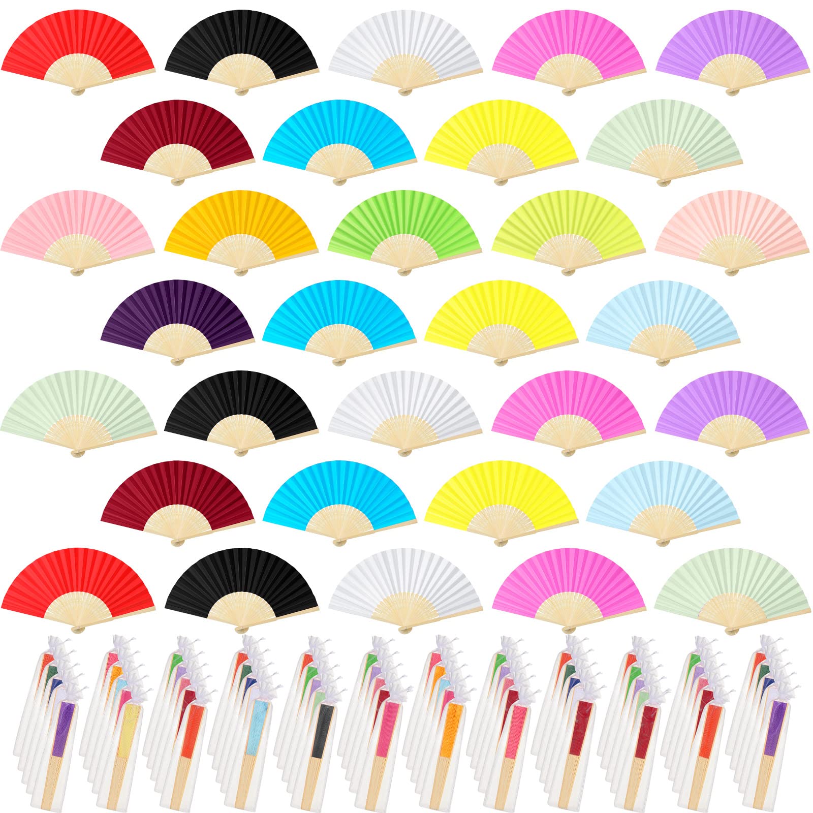 Chunful 100 Pieces Paper Hand Fan Multicolor Bamboo Folding Fans Handheld Chinese Decorative with Organza Bags for Wedding Bridal Church Dancing Home