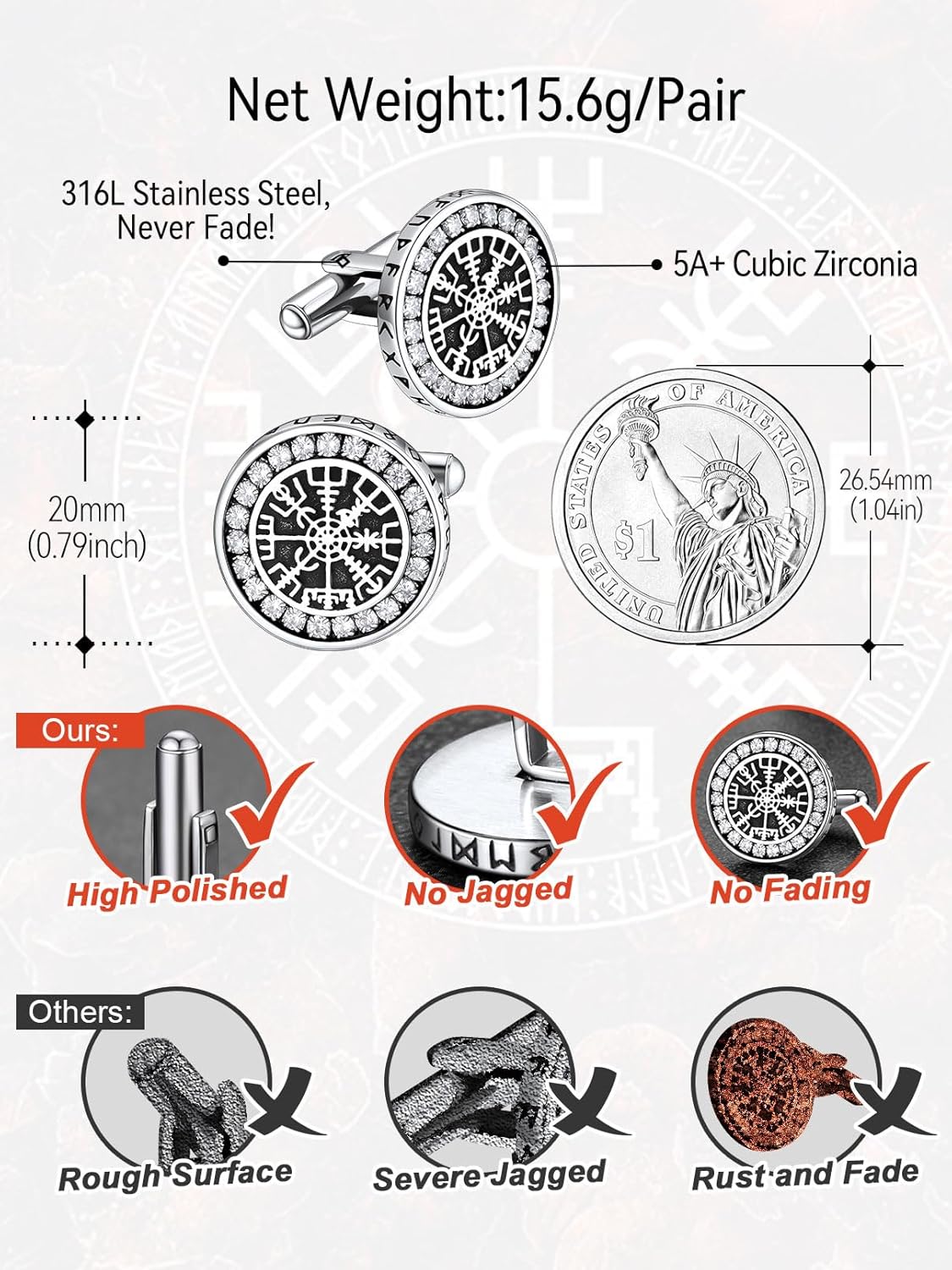 FaithHeart Mens Cufflinks, Norse Viking Tuxedo Shirt Cuff Links, Stainless Steel Cuff Links and Shirt Studs, Gift Box