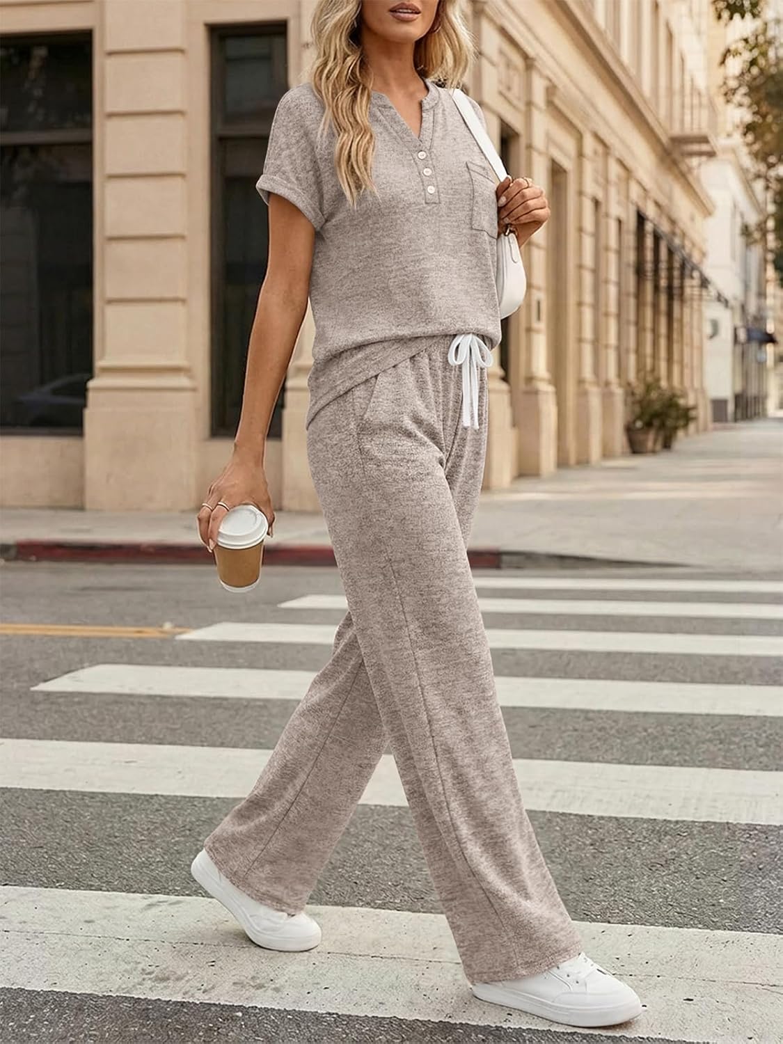 Trendy Queen 2 Piece Lounge Sets for Women Summer 2026 Henley Sweatsuit Travel Vacation Airport Outfits Pajamas Sets - Image 6