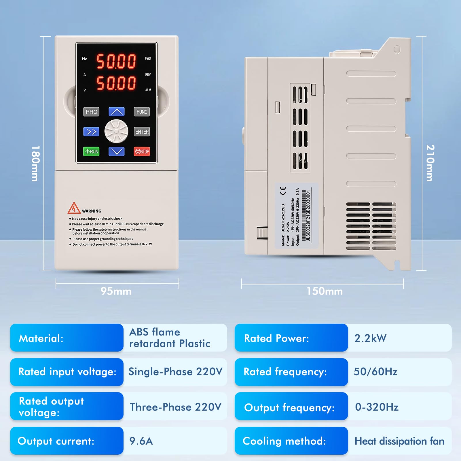 Inverter per Motori Trifase 2.2kW Variatore di Frequenza 220V Ingresso monofase Uscita trifase Inverter di Frequenza CNC Trifase Trasformatore con vassoio+cavo di prolunga da 2m JLS-DF-2S-2.2GB 2.2KW