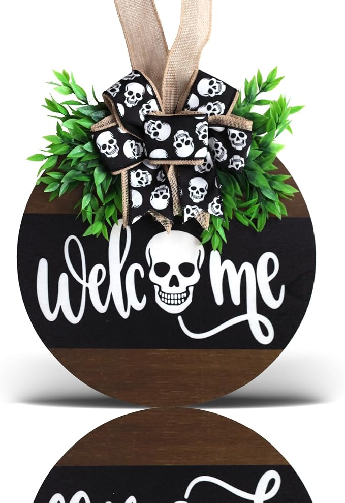 Halloween Wooden Welcome Sign for Front Door Hanging Spooky Skull Welcome Sign with Bow Halloween Wooden Door Hangers Wreath for Farmhouse Home Window Outdoor Wall Party Decoration Supplies