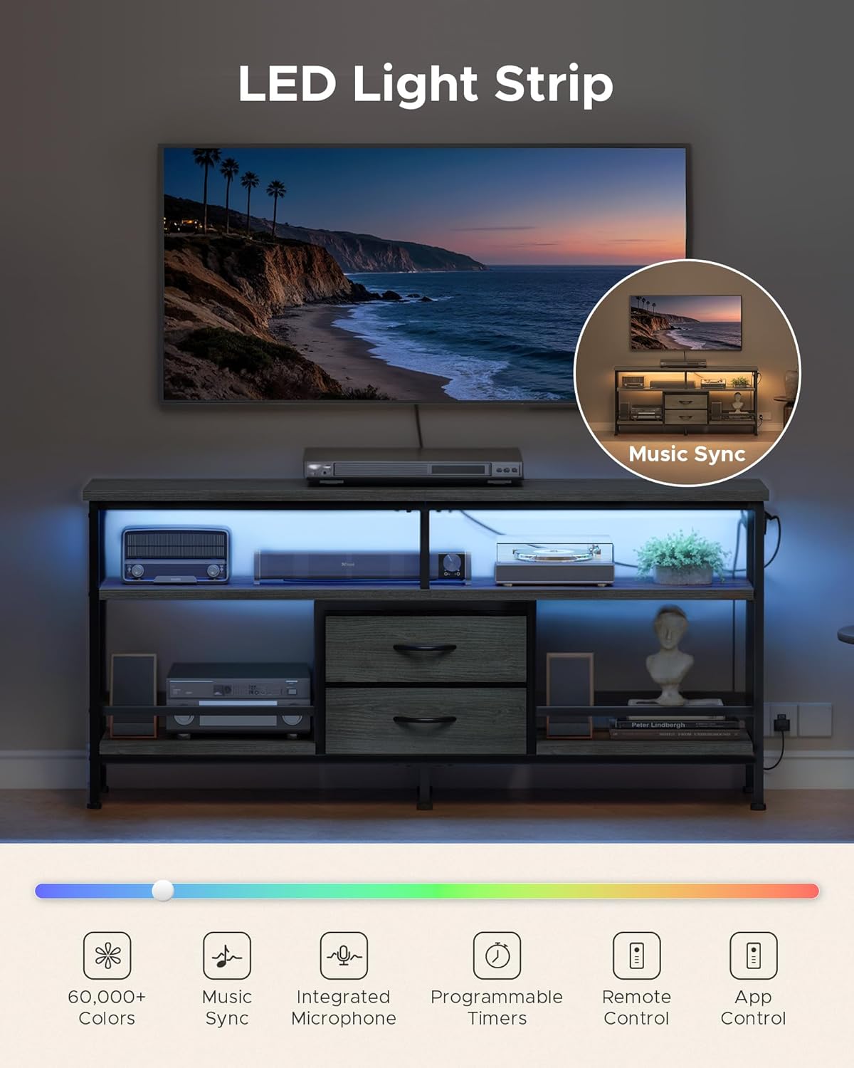 55 Inch TV Stand, Entertainment Center for 43 to 65 Inch TVs with LED Lights & Removable Charging Station, Modern Media Console Table with Open Storage Shelves & Fabric Drawers, Grey