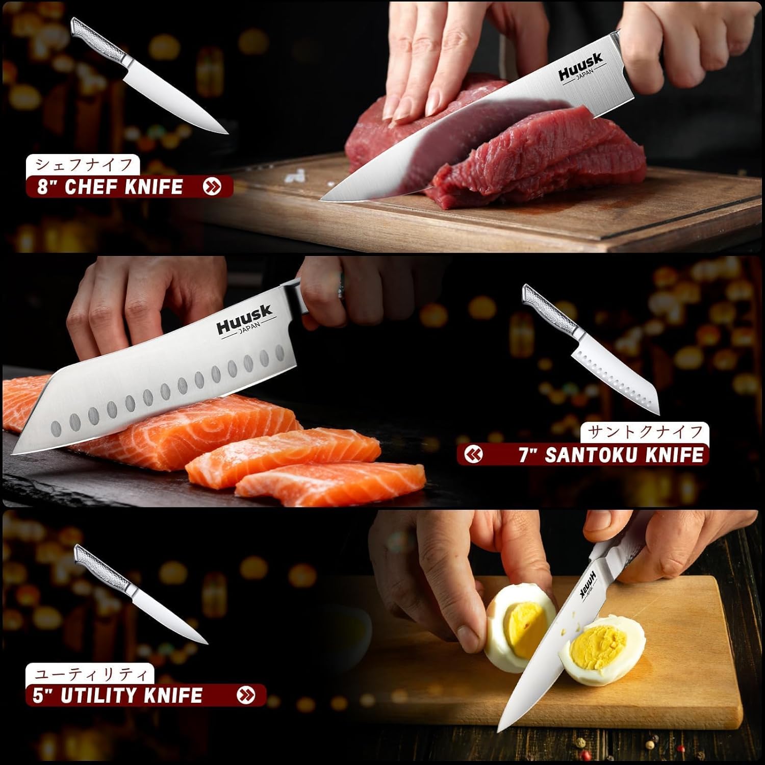 Huusk Chef Knife Set of 3, Japanese Stainless Steel Knife Set Dishwasher Safe, Ultra Sharp Kitchen Knives Sets with Ergonomic Anti-slip Handle, Professional Cooking Knives Sets, Christmas Gift for Men - Image 6